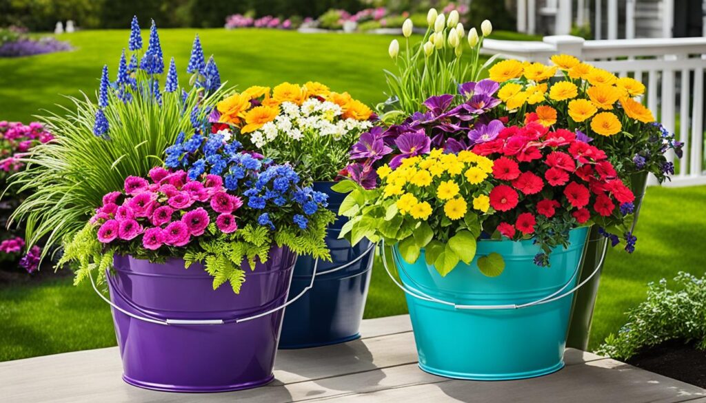 Colorful bucket planters